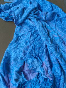 Blue Patterned Scarf with Fringe