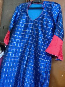 Blue &amp; Silver Grid Pattern Kurti Pant Set