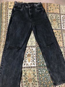 High Waist Knee Ribbed Black Wide Leg Denim