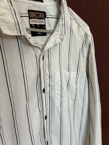 White &amp; Black Striped Casual Shirt – Size-M