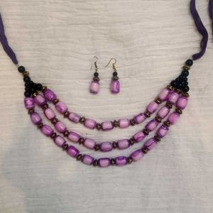 Handcrafted Purple Beaded Necklace &amp; Earring Set