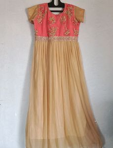 Biscuit And Rose Colour Combination Beautiful Long Dress.