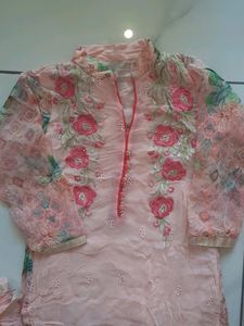 Peach Gorgette Suit With Dupatta And Pant Plazo