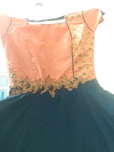 Peach &amp; Blue Embroidered Anarkali Dress