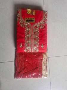 Red Embroidered Dress Material