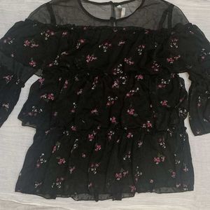 Black Floral Sheer Ruffle Top with Bell Sleeves