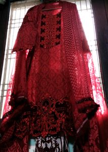 Red Velvet Pakistani Heavy Embroidered Kurta Set