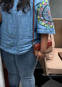 Embroidered Denim Peasant Top