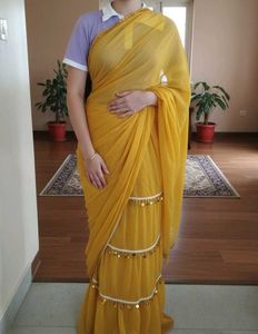 Readymade Retro Style Elegant Yellow Saree