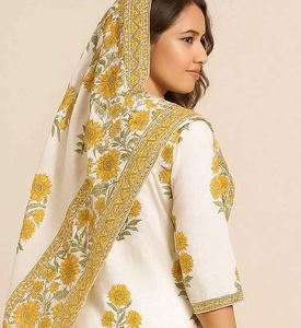 White and Yellow Cotton Kurta Pajama with Dupatta