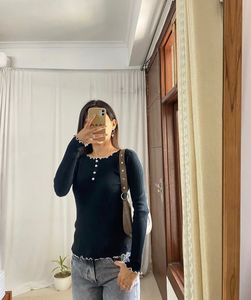 Black Ruffle Trim Long Sleeve Top