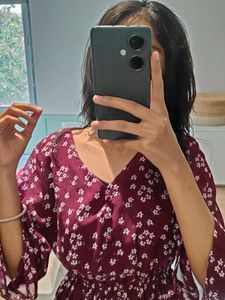 Maroon Fit & Flare Midi Dress with Bell Sleeves