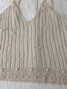 Pearl Embellished Knit Halter Top