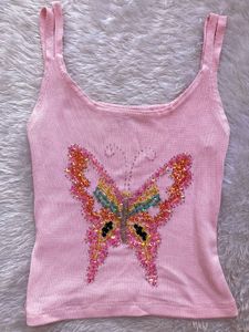 Pink butterfly Embroidered Tank Top
