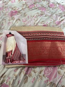 Elegant Cream & Red Sari Bandhani Silk