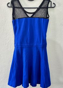 Elegant Blue Fit &amp; Flare Dress with Sheer Mesh