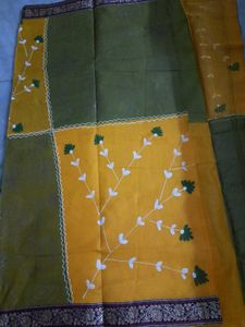 Beautiful Hand Painted Yellow &amp; Olive Green Sari