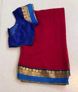 Rose Red & Royal Blue Saree With Blouse