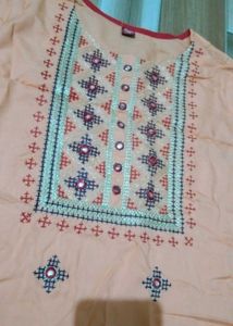 Peach Embroidered Kurta with Mirror Work