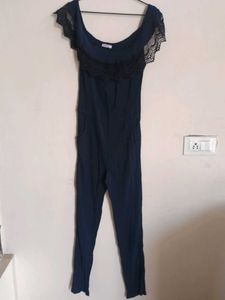 Navy Blue Ribbed Pattern Jumpsuit