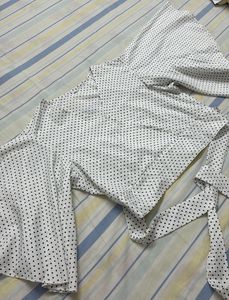 V Neck Polka Dot Front Tie Up Flared Sleeve Top