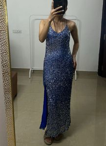 Backless Blue Sequins Strap Slit Midi Dress