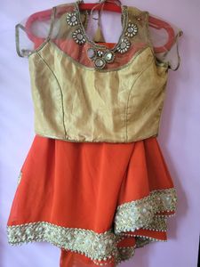 Orange Georgette Saree With 2  Worked Gold Blouse