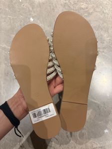 Sparkly Gold Embellished Slides With Pearls.