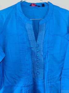 Blue Solid Cotton Kurti – Size S (with freebie)