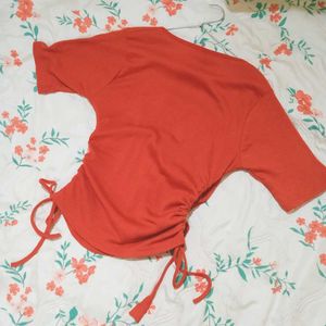 SSS Orange Ribbed Drawstring Top