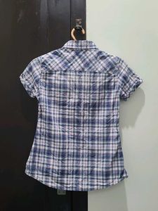 Blue Plaid Short Sleeve Shirt For Women