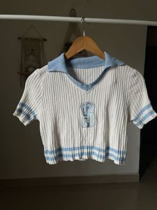 White &amp; Blue Knitted  Polo Crop Top