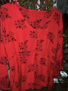 Red Floral Top With Full Sleeves