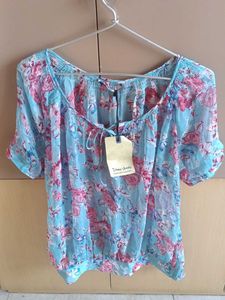 Blue Floral Lace-up Top