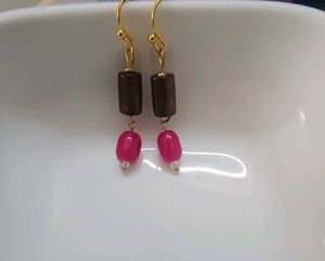 Wooden &amp; Pink Beaded Dangle Earrings