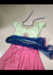 Semi Stitched Pink &amp; Blue Lehenga Set