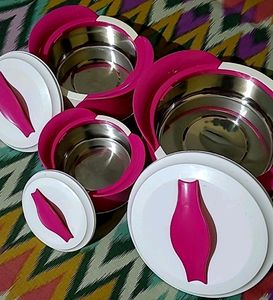 Set Of 3 Pink And White Milton Casseroles