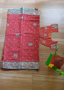Heavy Elegant Coral Saree with Blouse