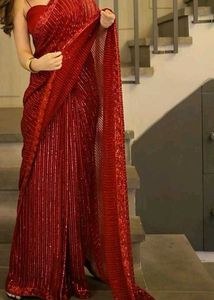 Premium Red Sequin Saree+Stiched Blouse+Peticot