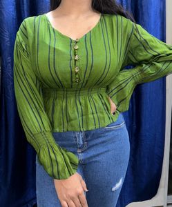 Green Peplum Blouse Crop Top
