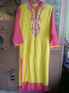 Yellow, Straight,embroidered Kurti.