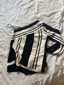 Black &amp; White Striped One-Shoulder Tie Top