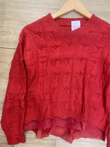 Rust Orange Knit V-Neck Winter Top