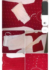 Red Kurta with White Leggings