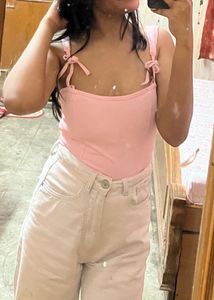 Blush Pink Ribbed Corset Tank Top (XS)