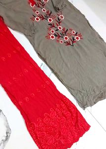 Elegant Grey And Red Embroidered Kurta With Plazo