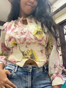 Cream Colour Floral Print Crop Top