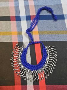 Blue Threaded Silver Tone Necklace