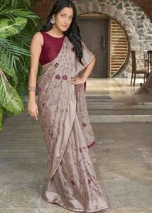 Beige Georgette floral embroidered saree without b