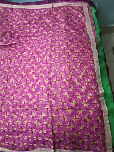 Rose Embroidered Dupatta - Gold Lace Border